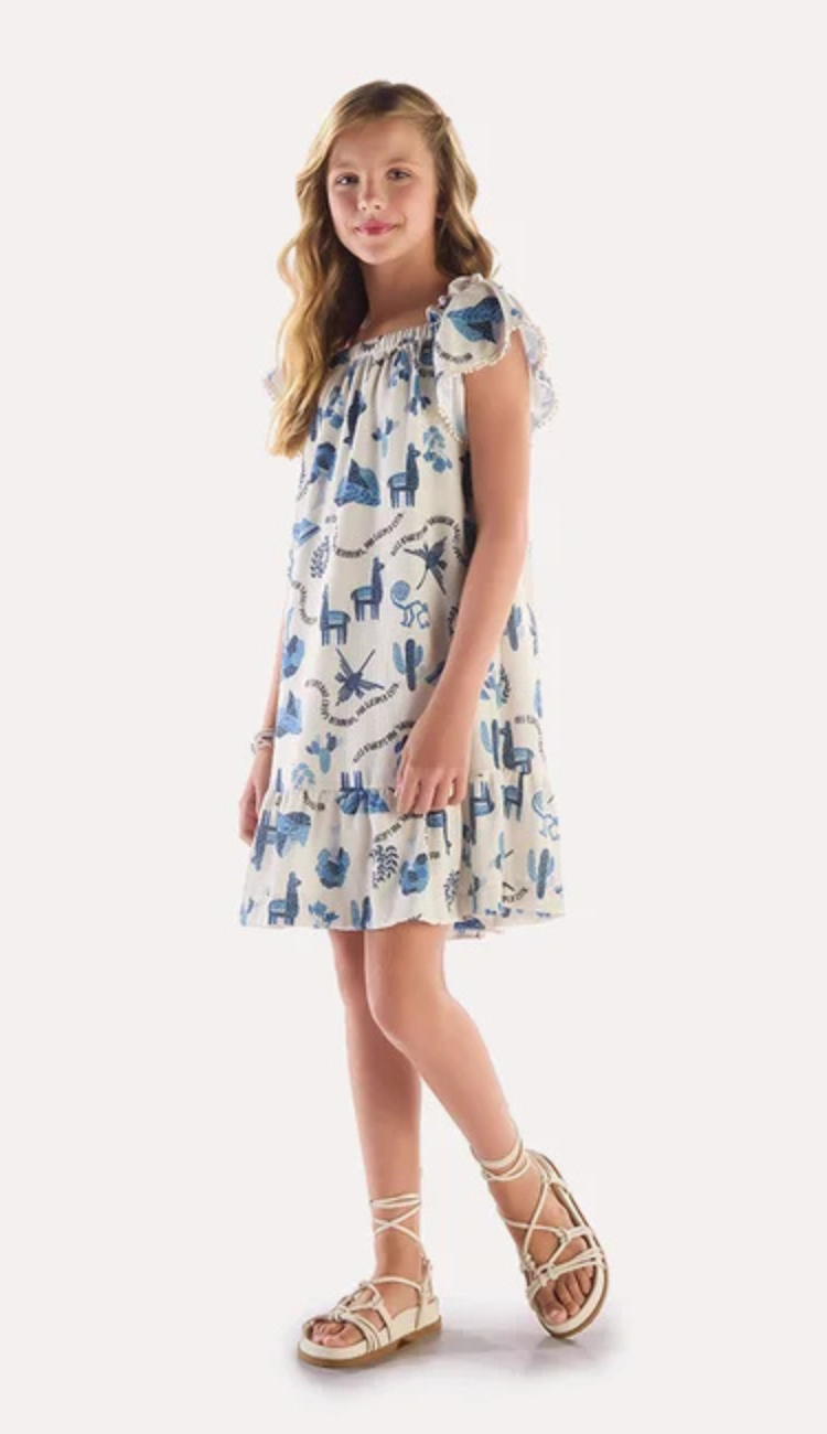 Vestido Estampado com Renda Pompom Azul
