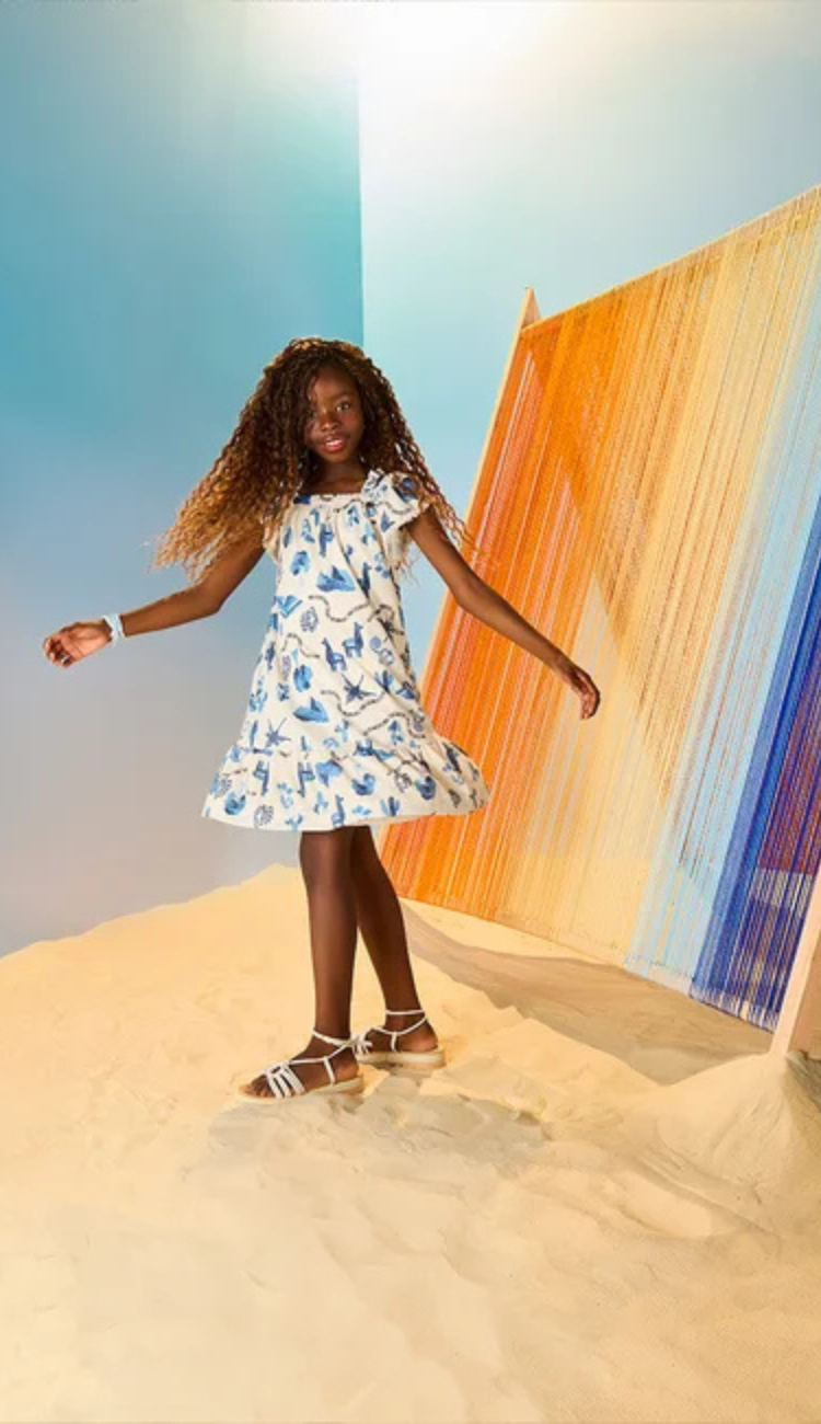 Vestido Estampado com Renda Pompom Azul